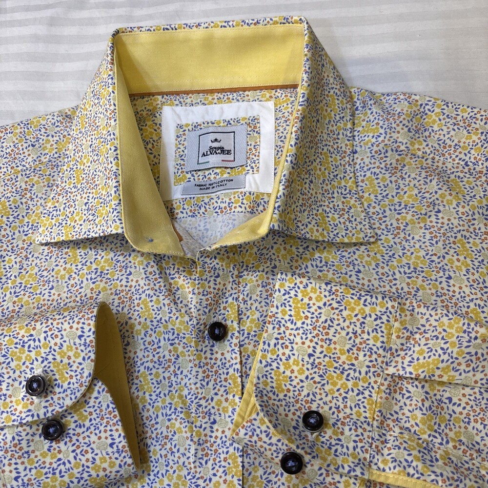 Sergio Alvajee Men’s Floral Button Down Shirt Yellow Blue 100% Cotton.